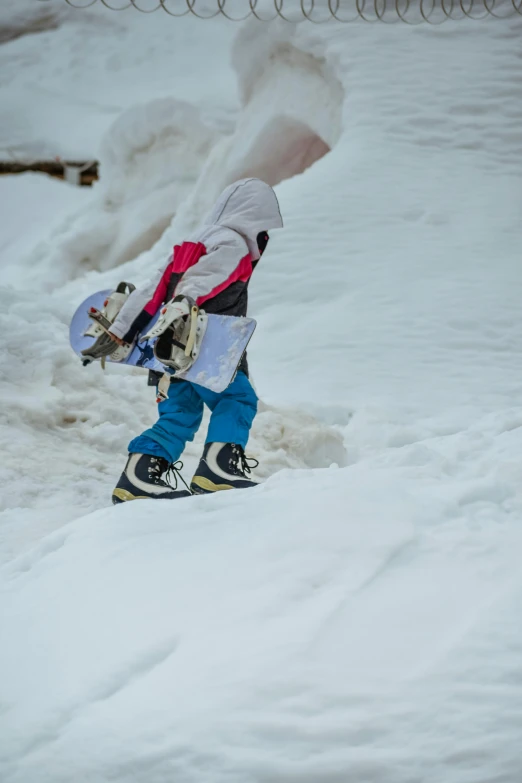 a person walking in the snow holding a snowboard