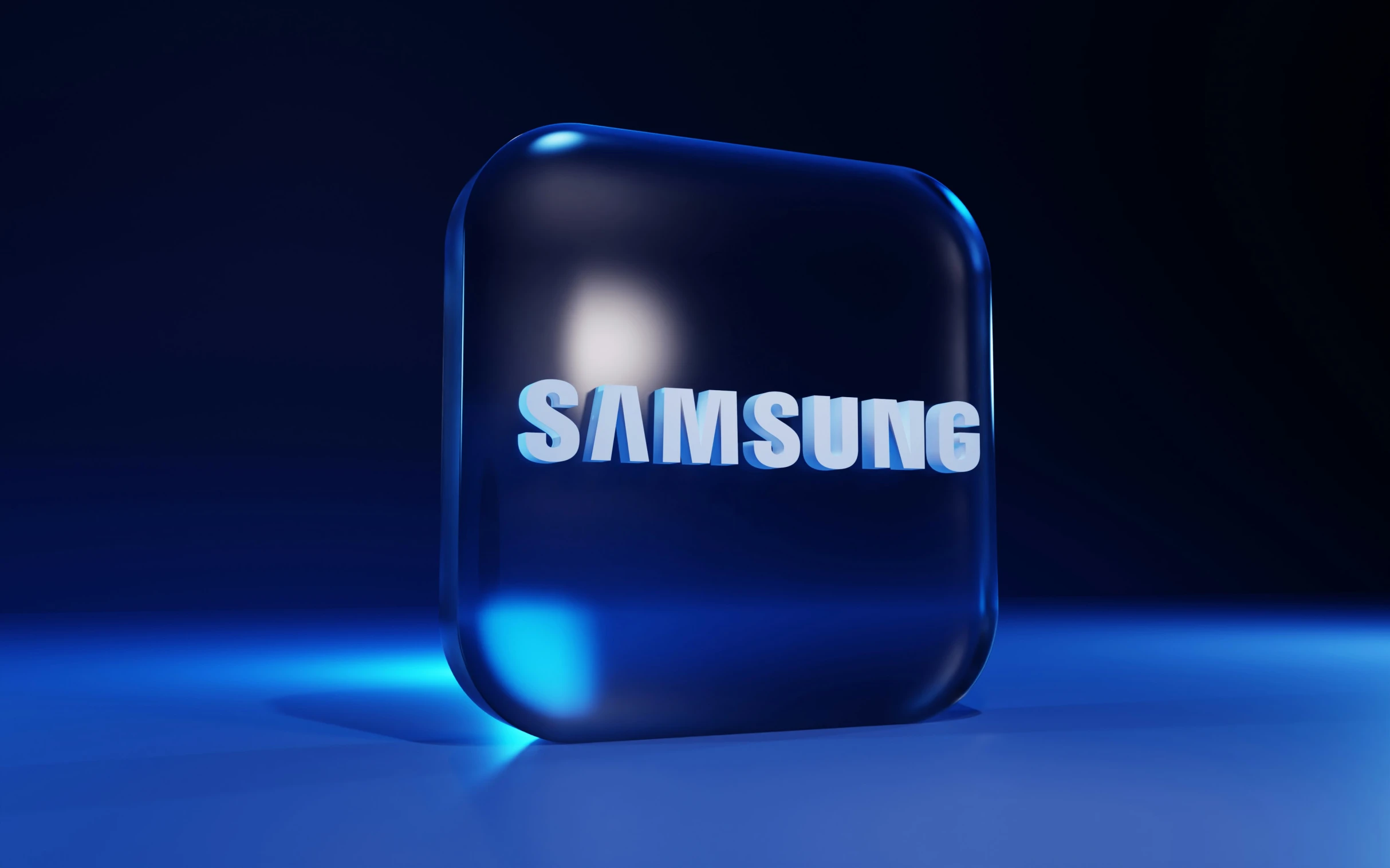 the samsung logo illuminated in blue and white