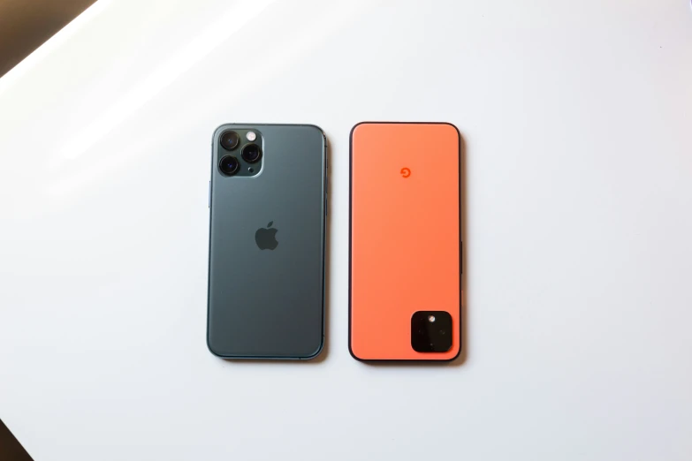 two orange iphone cases, one is black and the other is grey