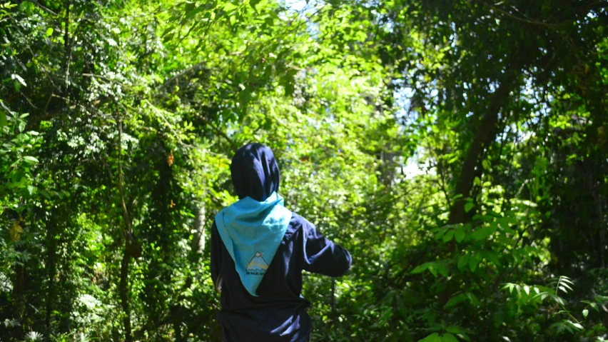 person standing in the forest on the phone