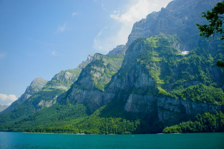 some tall mountain with trees and a body of water