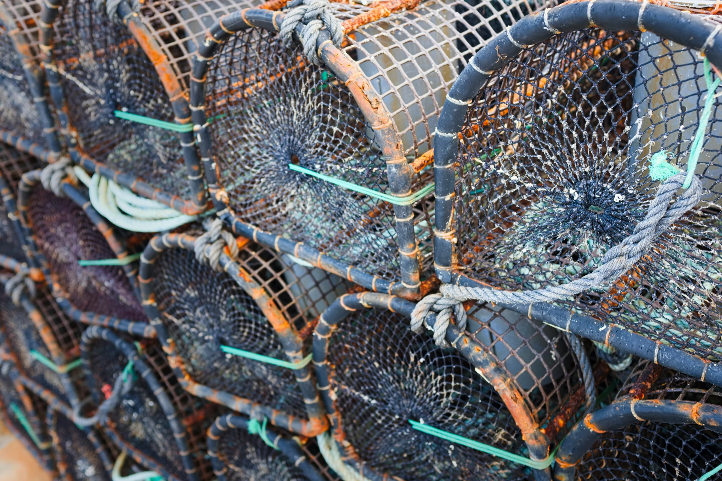 there are lots of fishing nets piled up in the water