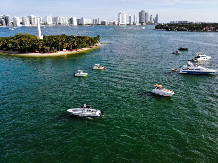 several boats are traveling along an island with palm trees