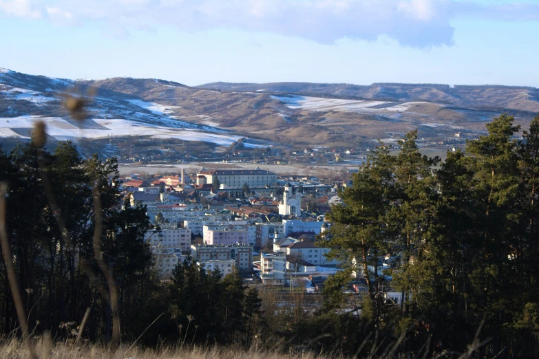 city in the distance surrounded by forest, mountains and snow