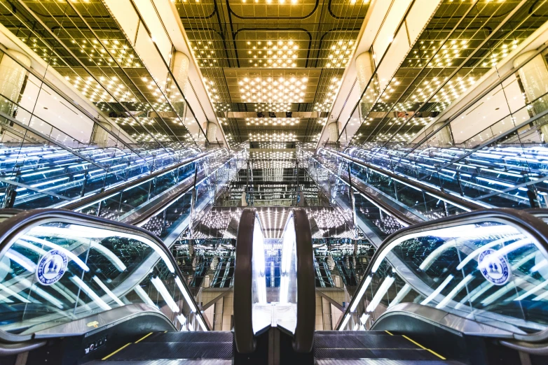 view through an escalator looking into an industrial building