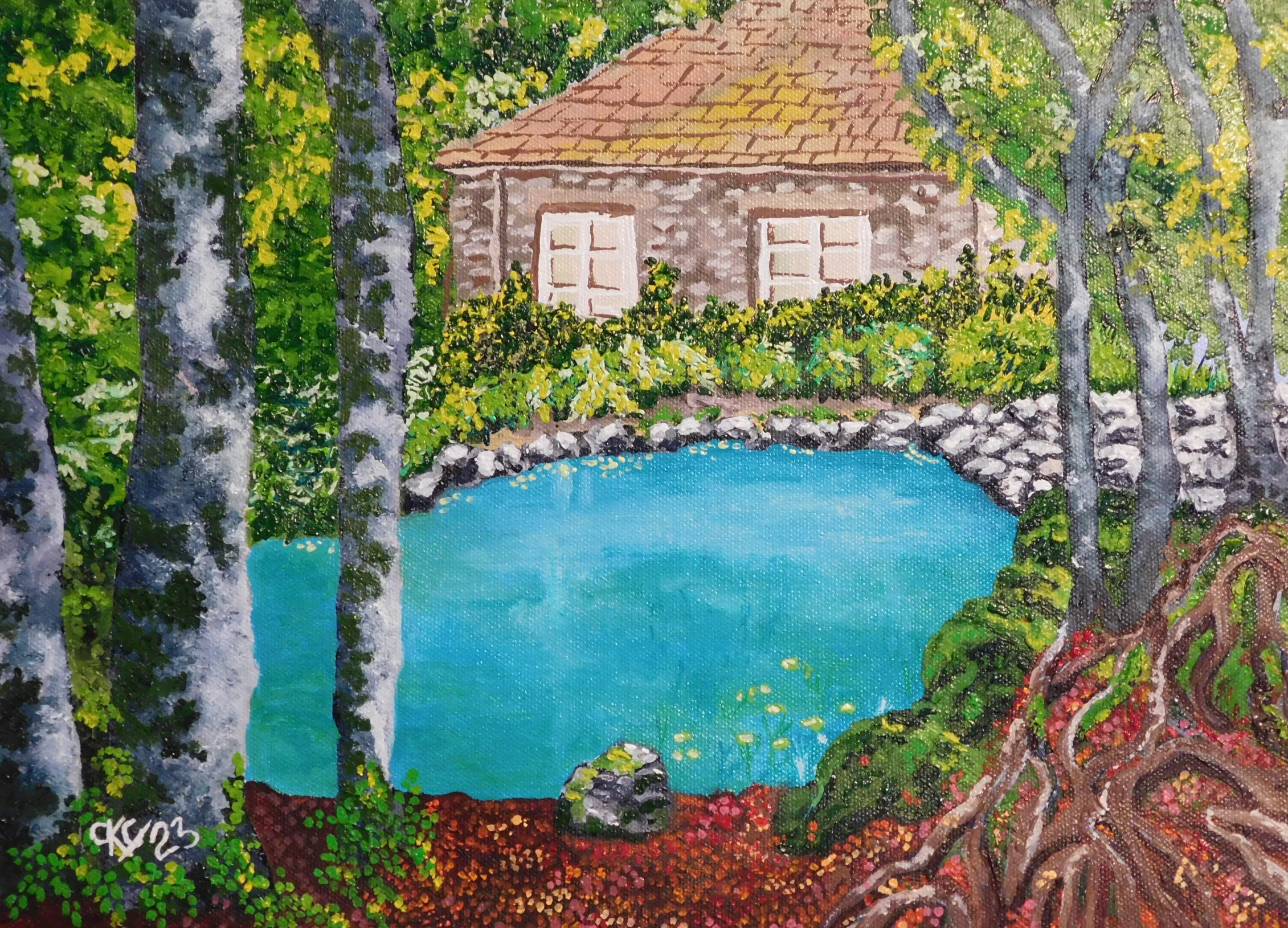a painting of a house with trees, grass and water