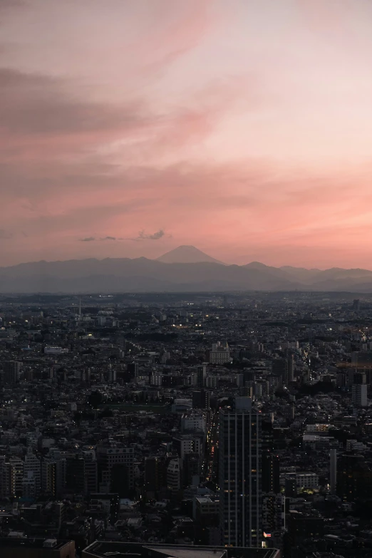 a city skyline at twilight with some buildings in the distance