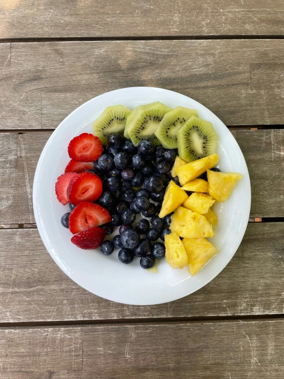 a plate of sliced fruit on a wooden table