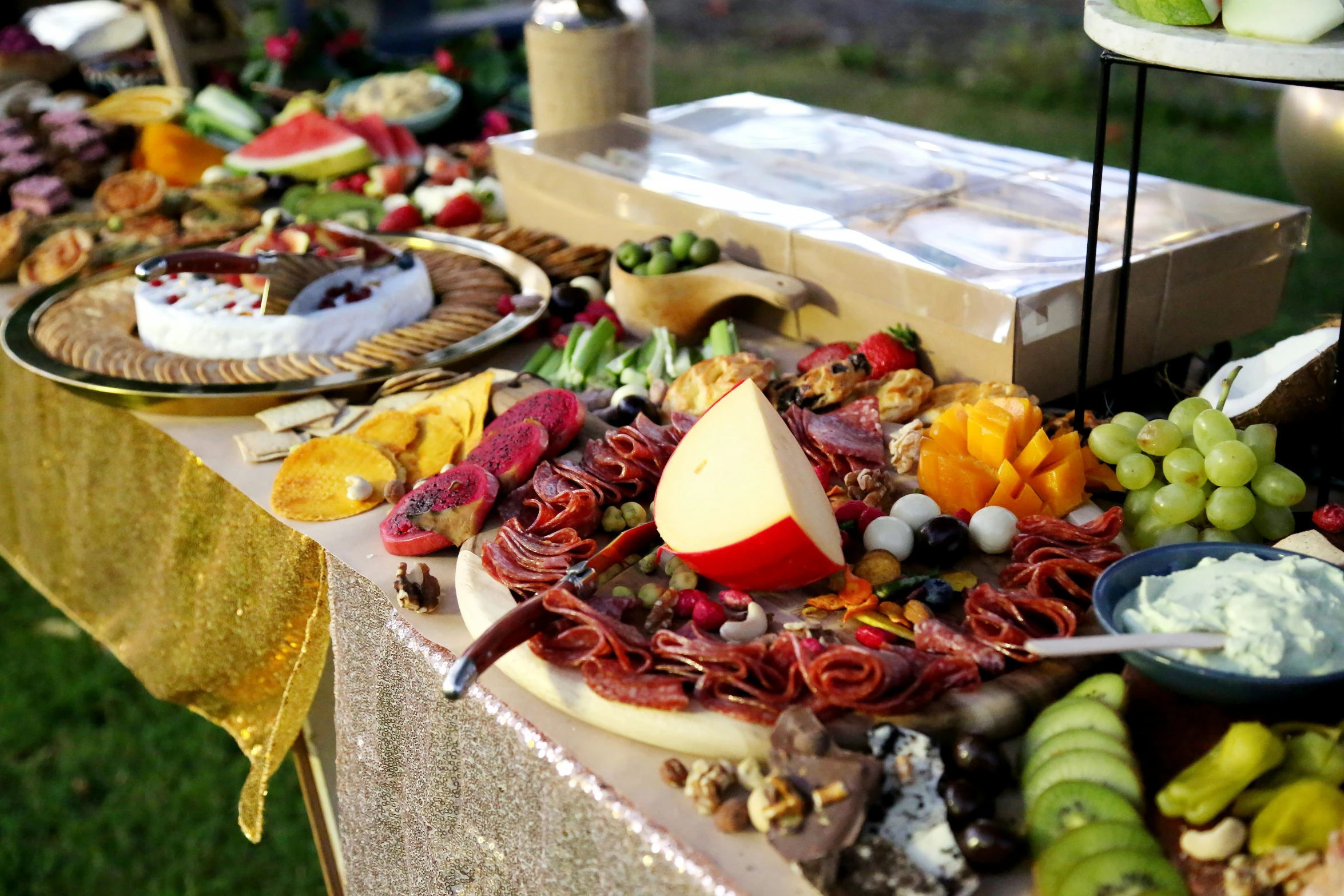 different kinds of foods are arranged on a table