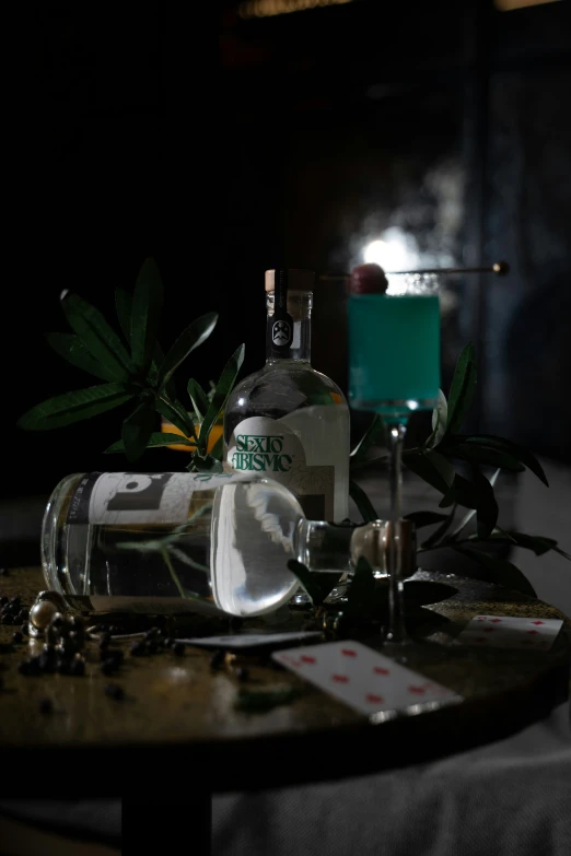 a table with some bottles of alcohol and some plants