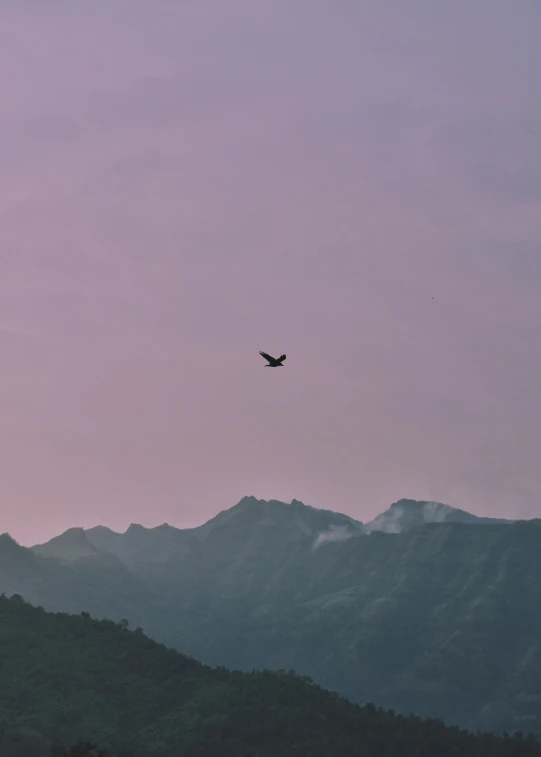 an airplane flying over mountains in the purple sky