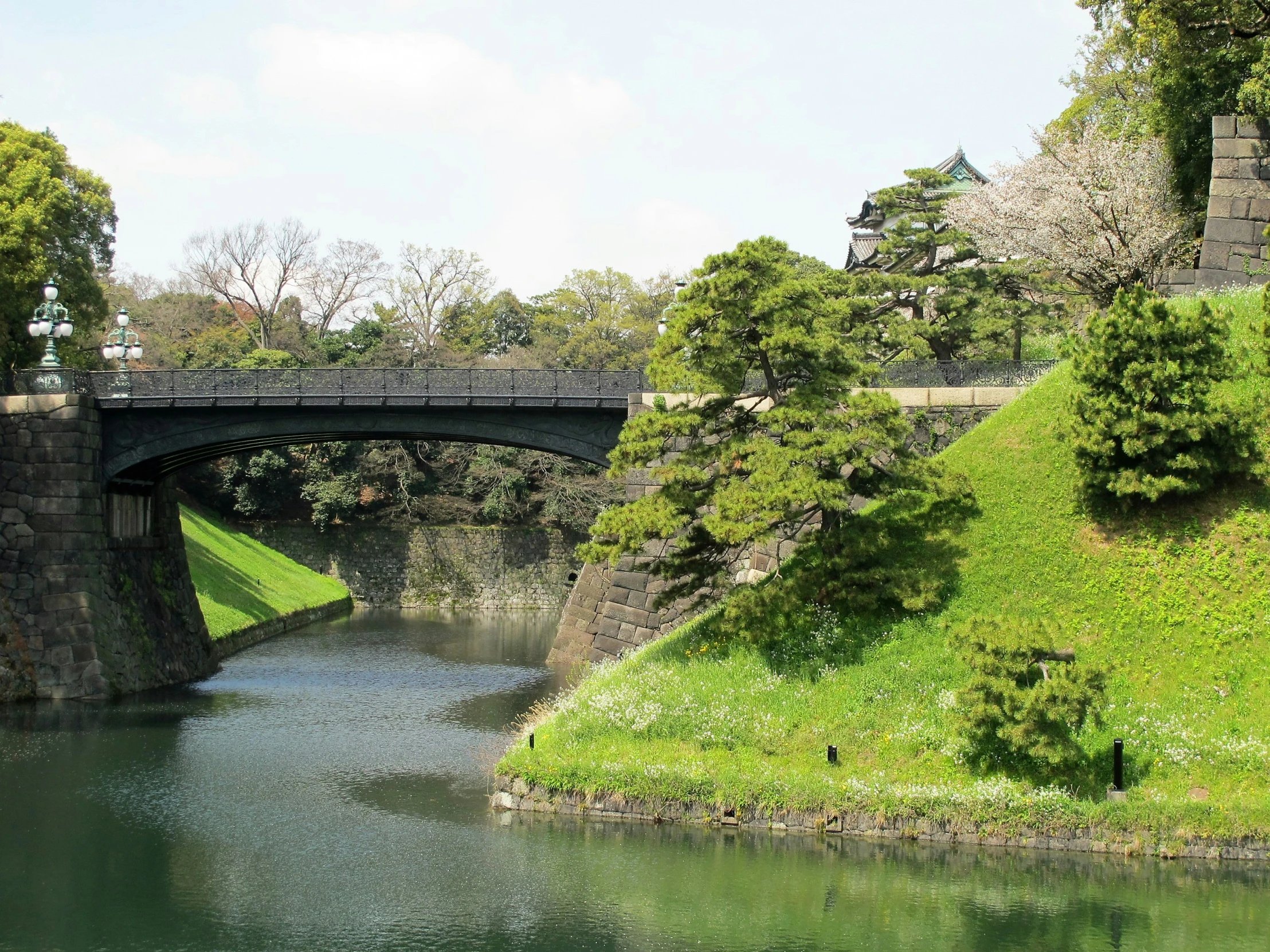 there is a bridge over a stream in a park