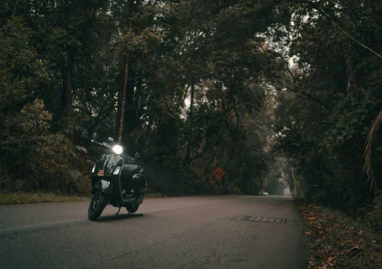 a motorcycle parked on the side of the road in the middle of trees