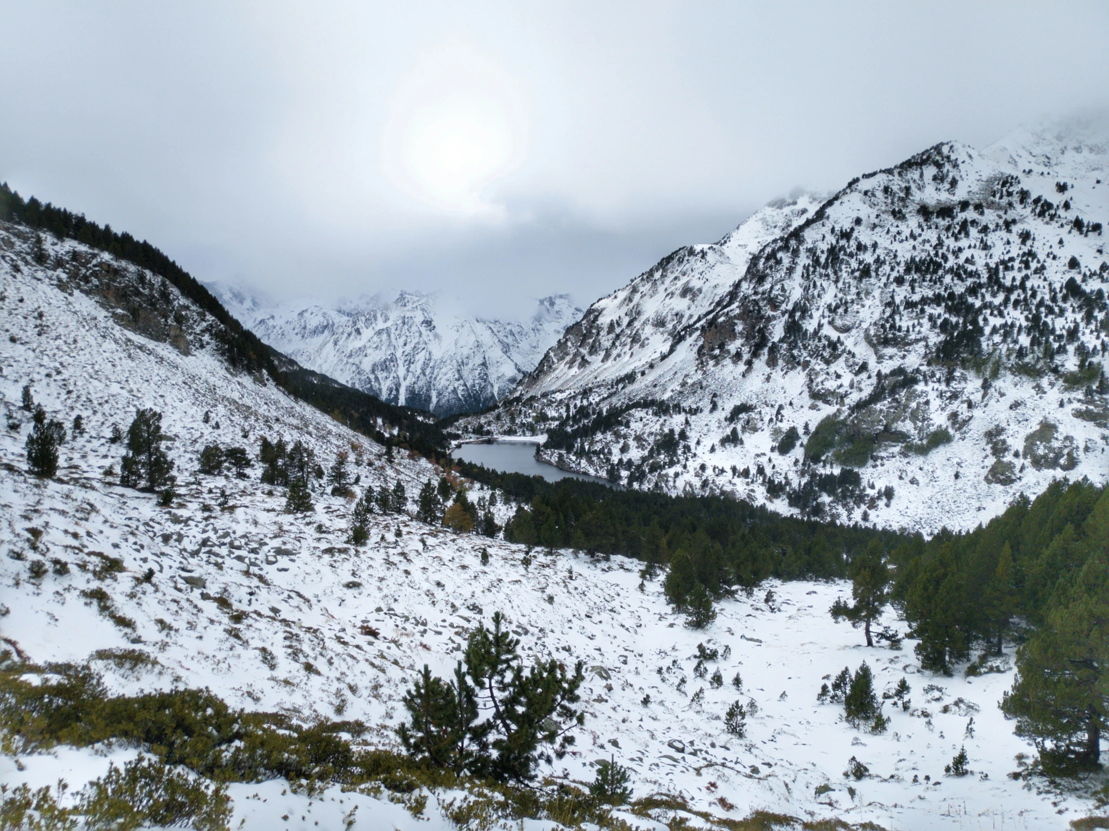 the mountains are covered with snow and trees