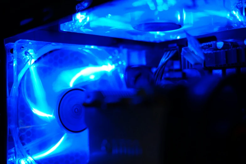 the bottom side of a computer case with cooling fans