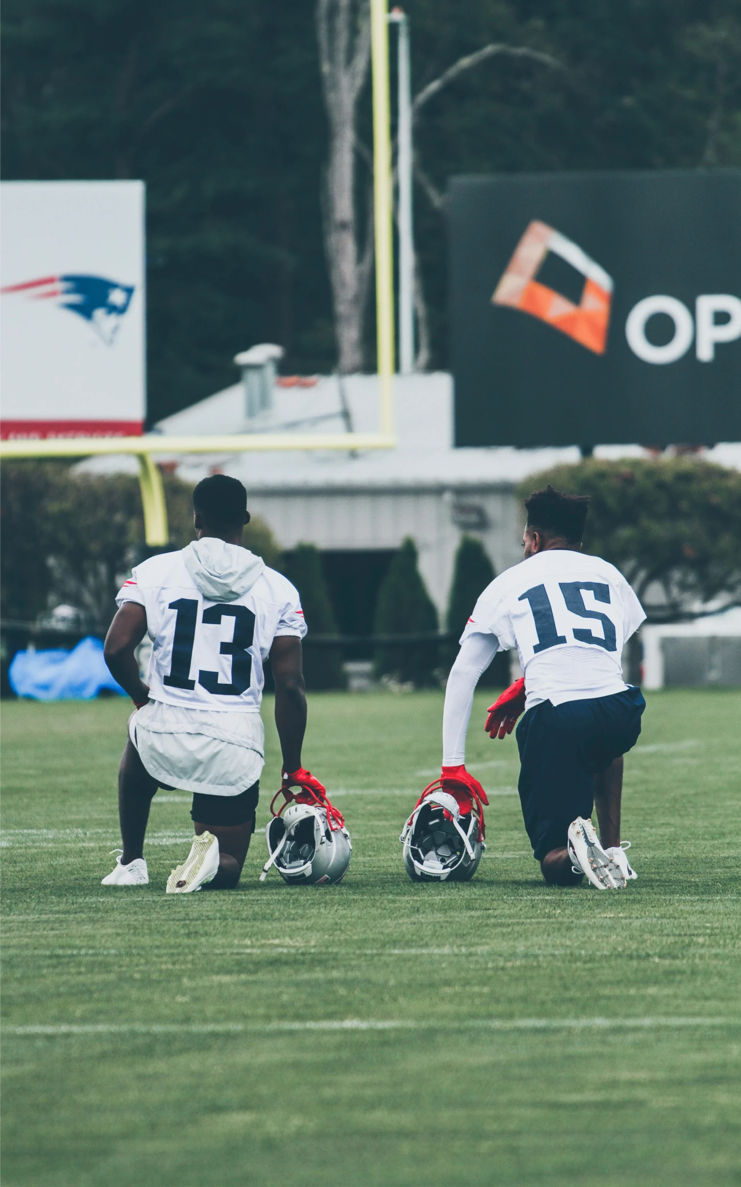 a group of football players kneel in the grass