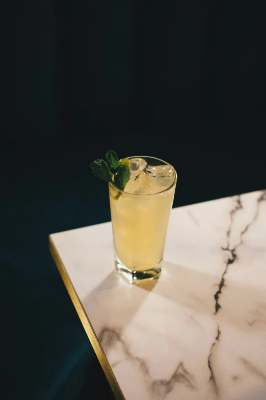 a yellow alcoholic cocktail with a single mint on the rim