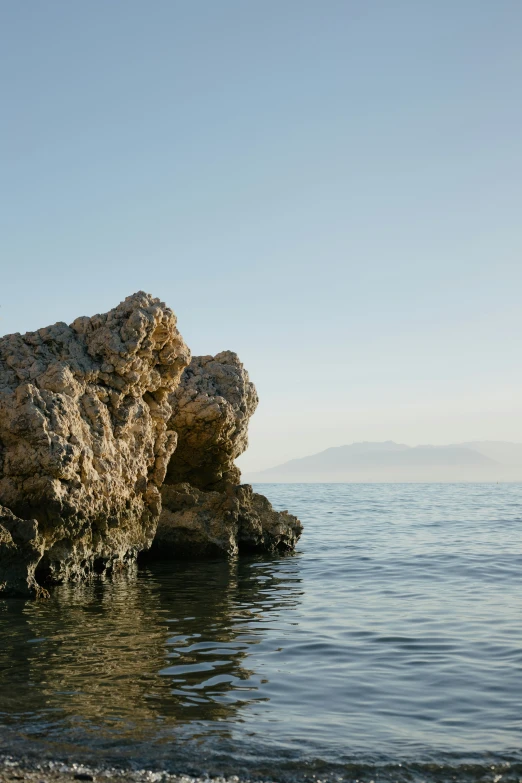 an island on the ocean with water and a bird perched upon it