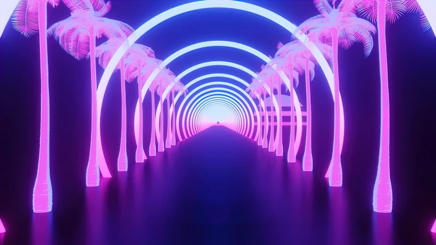 an image of a tunnel with trees and neon lights