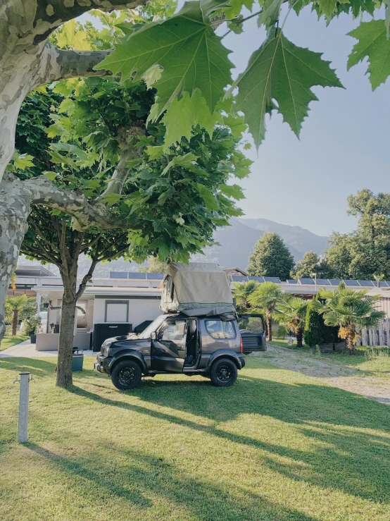 the pick up truck is parked in the yard