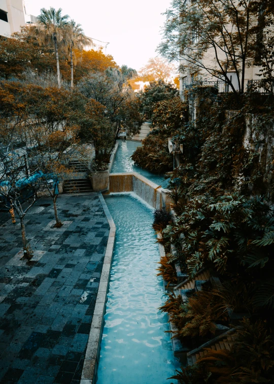 an empty pool next to a building in a park