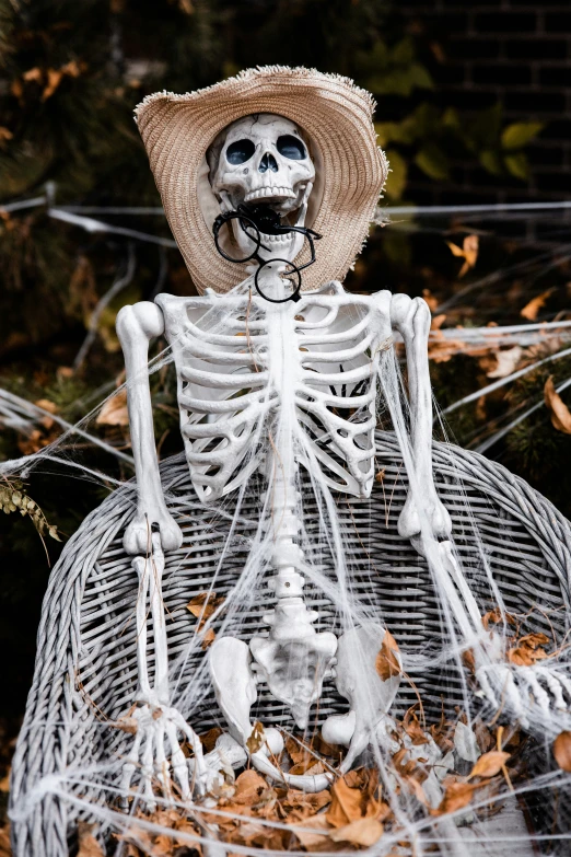 a skeleton with a straw hat is shown