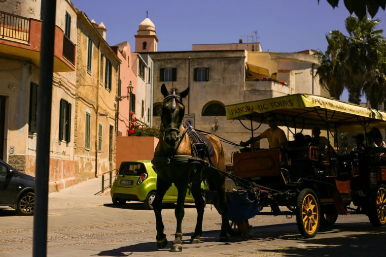 the horse drawn carriage is pulling passengers through a cobblestone street