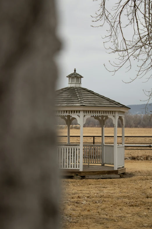 the gazebo in the park is made of white wood