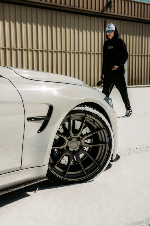 the car has wheels parked along side the snow