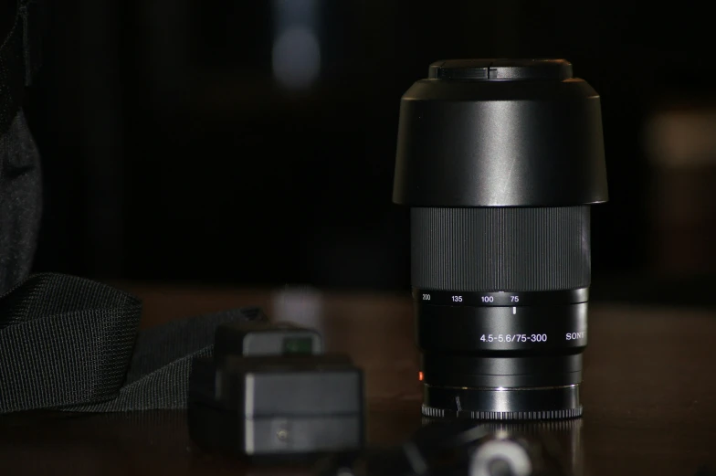 a camera lens sitting next to a body of a camera