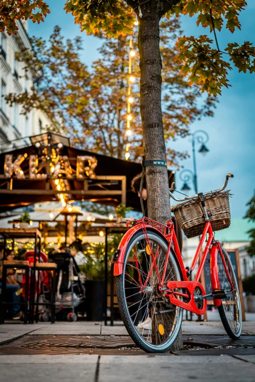 a red bike locked up to the side of a tree