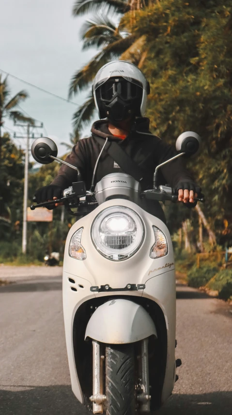 person riding a scooter on the road near palm trees