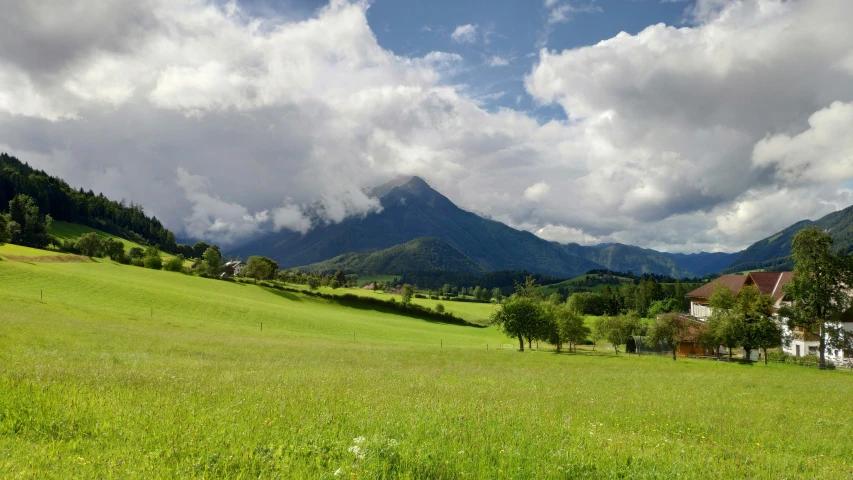 a hill with a grass field near a house