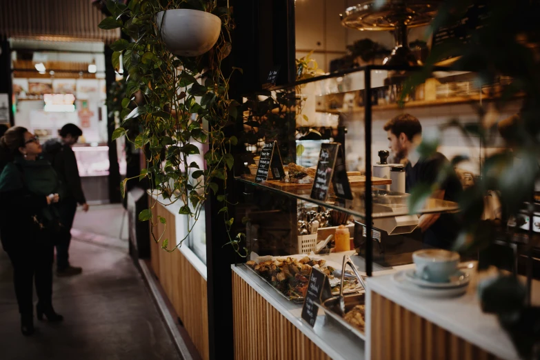 a cafe with shelves filled with plants and plates