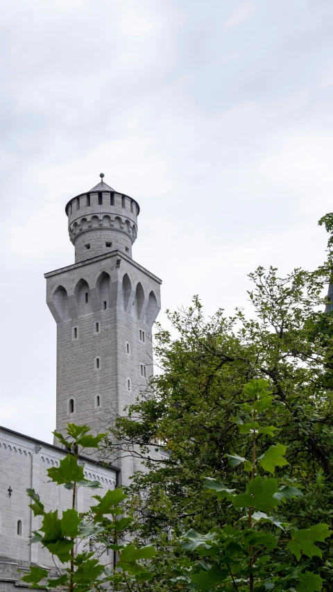 an architectural tower stands between some trees