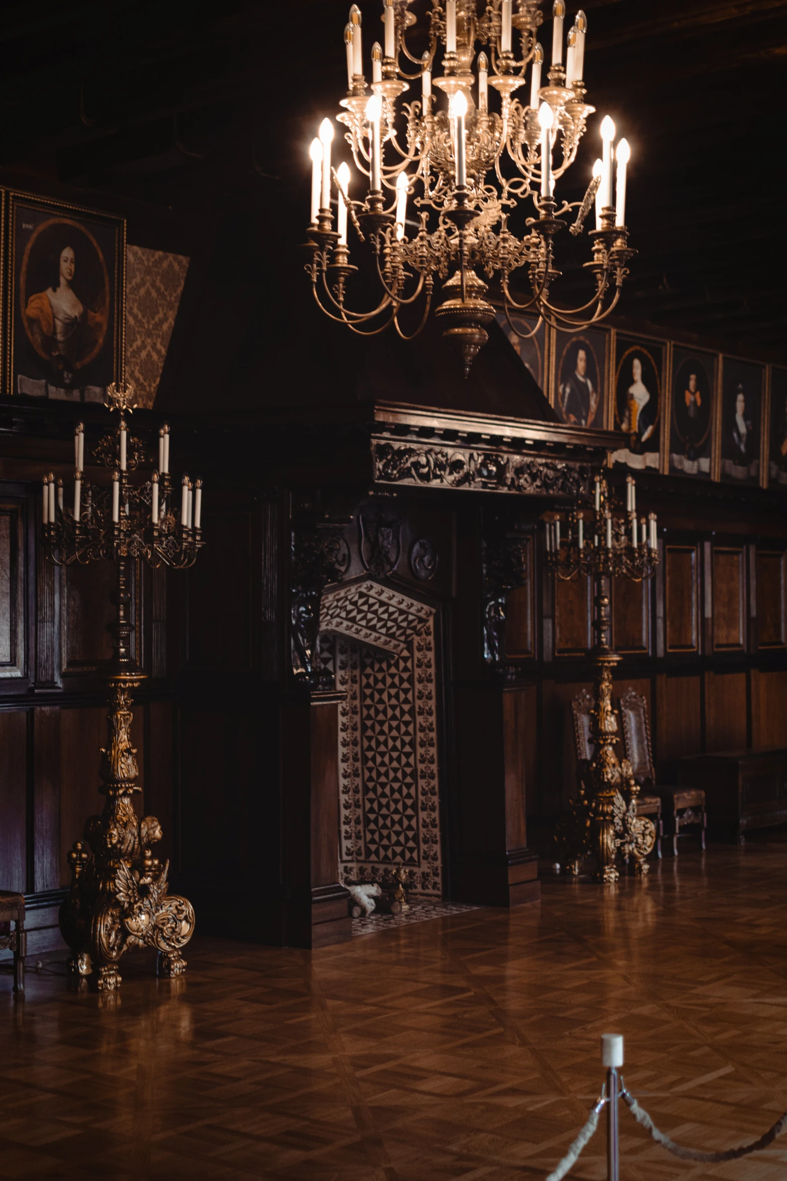 a chandelier hangs from the ceiling and reflects a large portrait