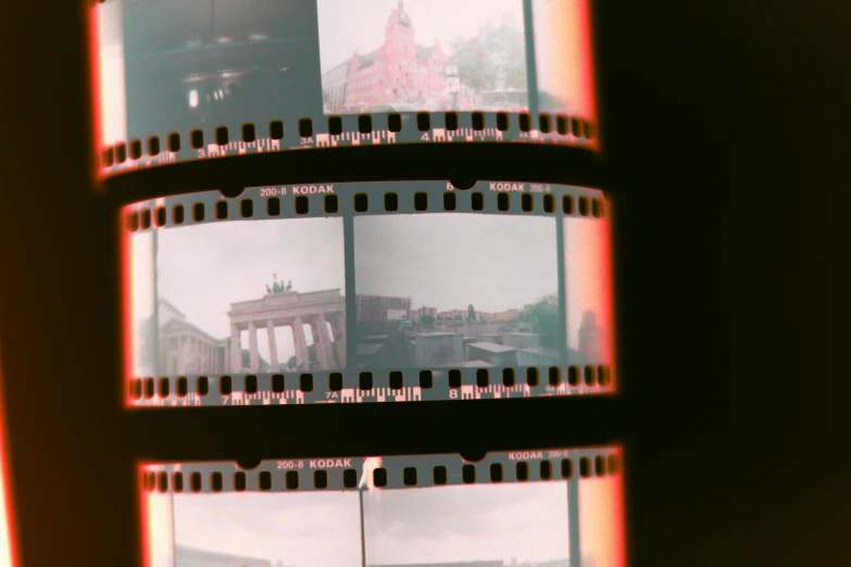 film strip over image of a city