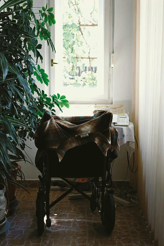 a small wheel barrow with a brown blanket on it