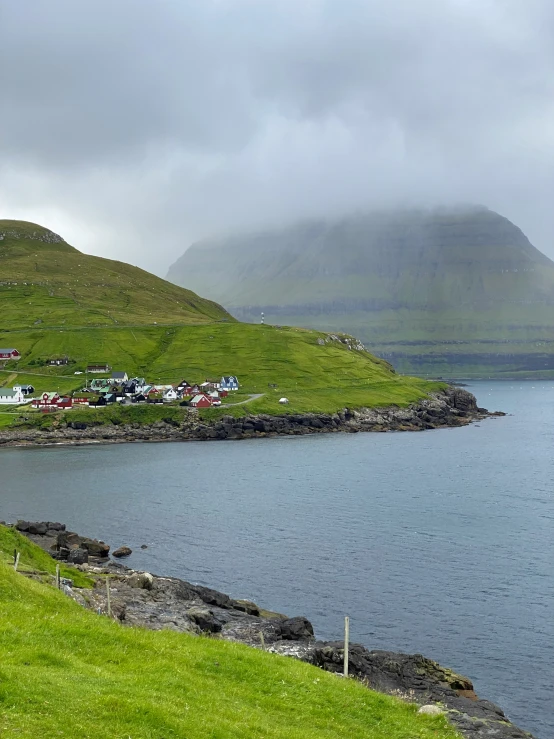 the sea shore is lined with a row of houses