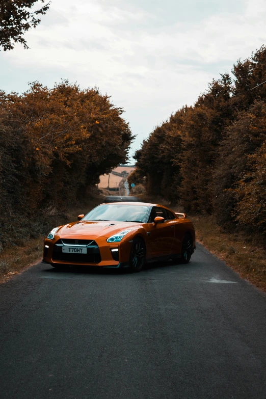 a car parked on a street near some shrubs