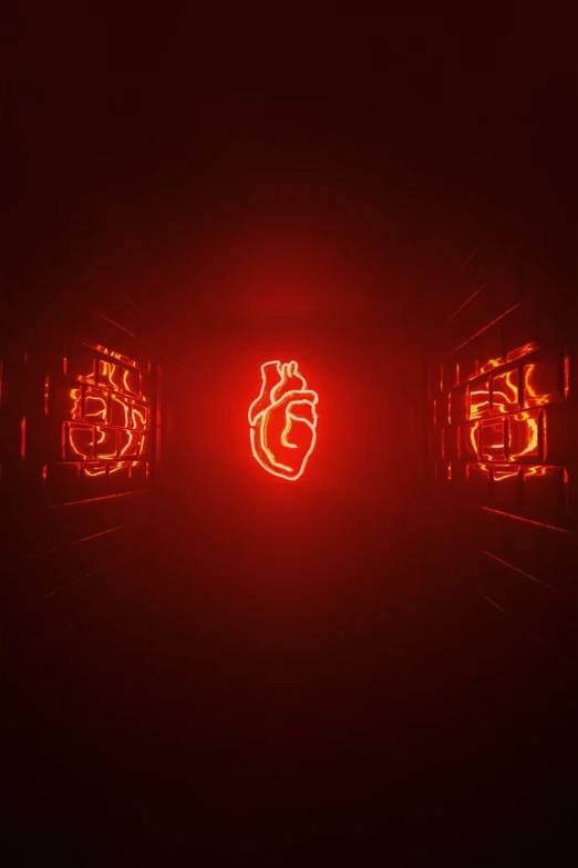 the stop lights are red and there is an illuminated heart in it