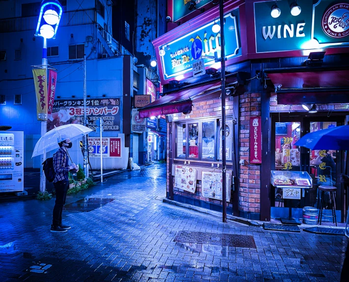 the sidewalk in front of a small bar is wet with rain