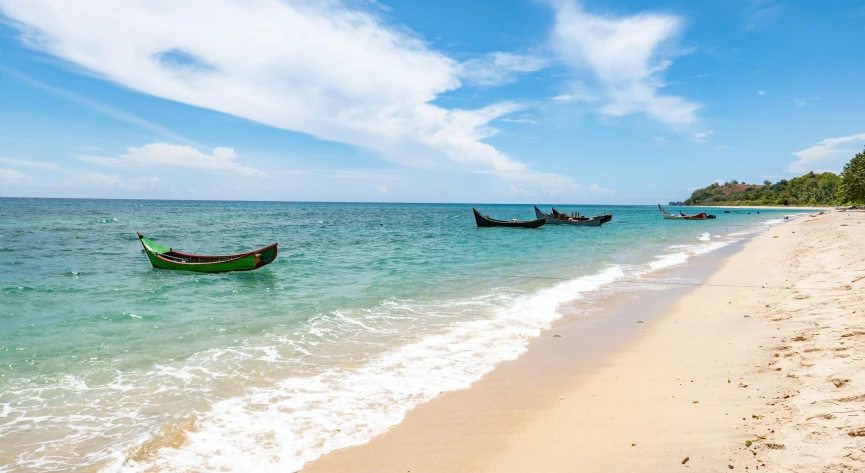 two boats out on the water near a beach