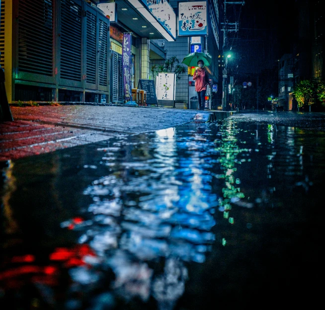 people walking down a rainy night on the sidewalk