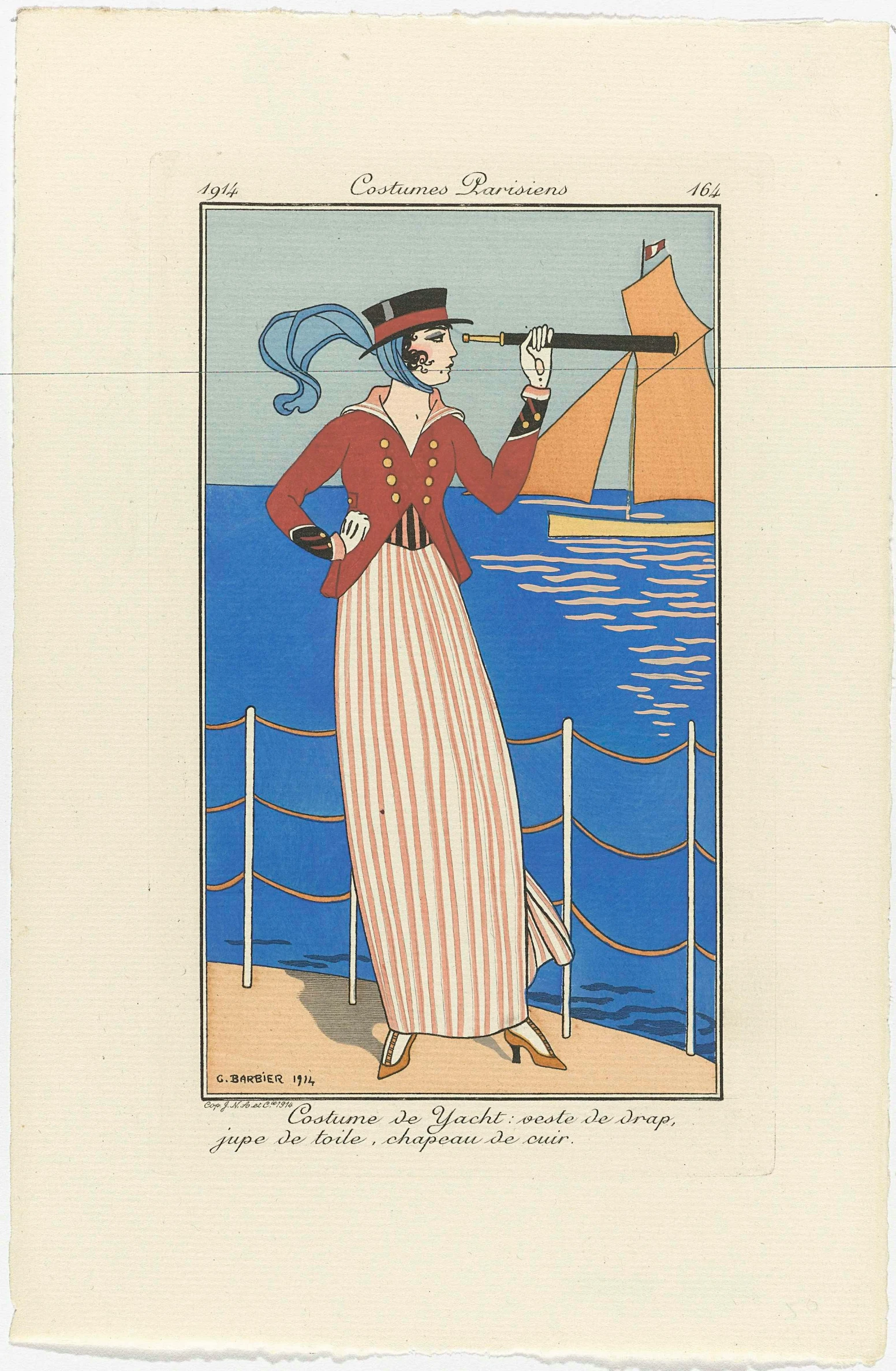 woman in long dress standing on deck by the ocean with a sailboat
