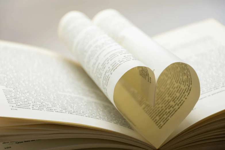 a book with a heart shaped bookmark on the pages