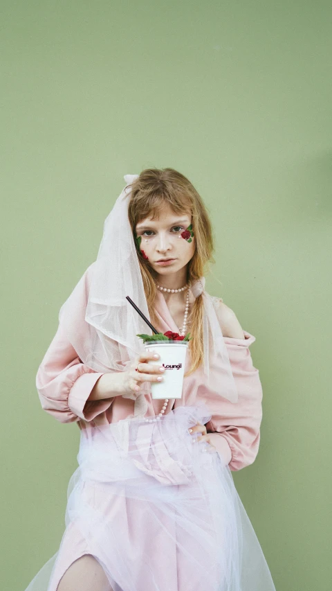 a girl with makeup on her face holding a cup and wearing a veil and dress