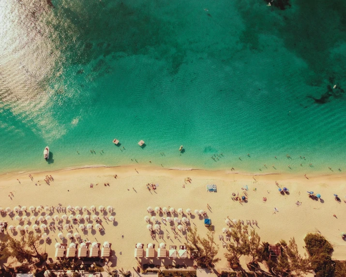 an aerial view of a beach filled with beach chairs and umbrellas