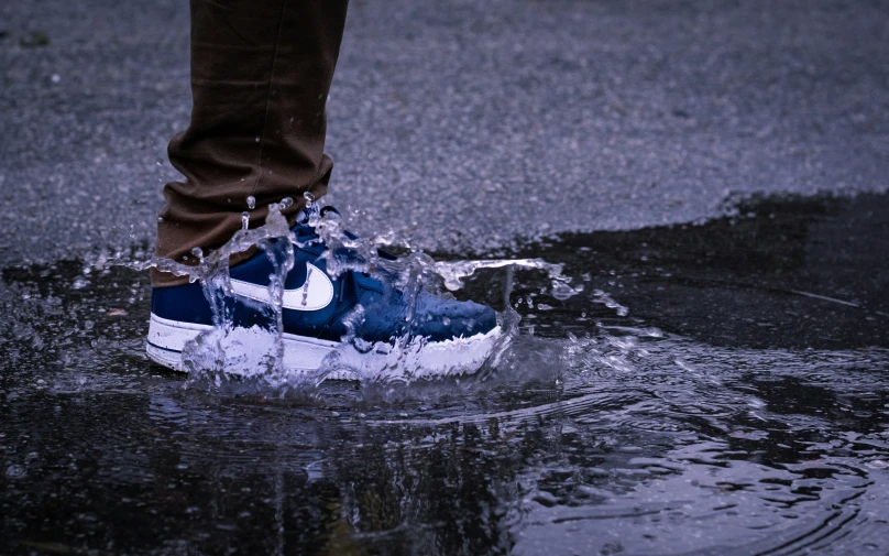 a foot in rain - soaked shoes walking through water