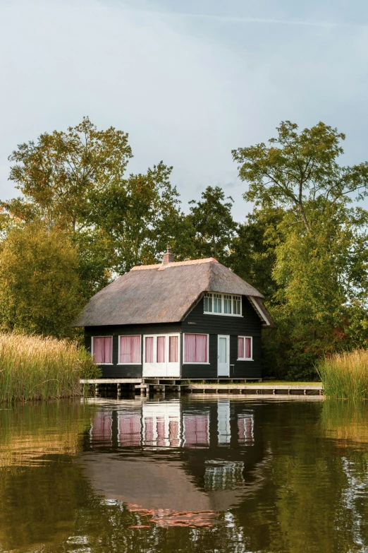 a house sitting on top of a lake surrounded by trees